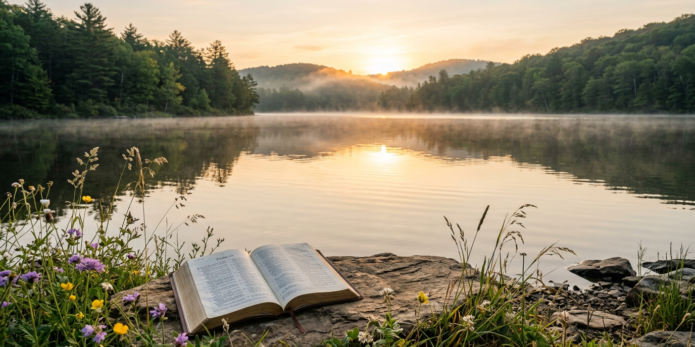 Serene open Bible resting on a rock by a misty lake at sunrise, surrounded by wildflowers, symbolizing peace, healing, and finding calm through God's Word instead of anger.
