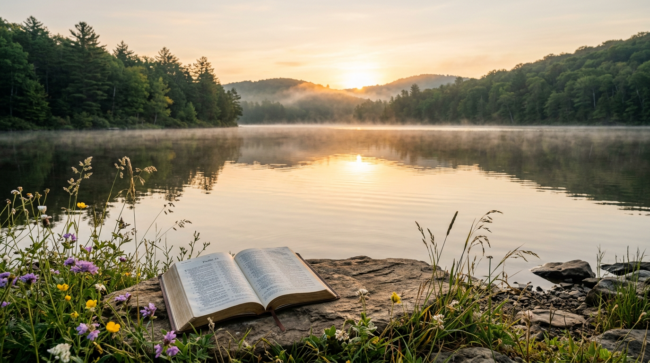 Serene open Bible resting on a rock by a misty lake at sunrise, surrounded by wildflowers, symbolizing peace, healing, and finding calm through God's Word instead of anger.