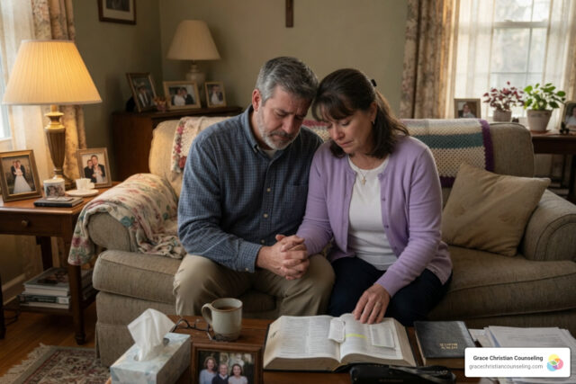 Christ centered marriage coaching couple praying together