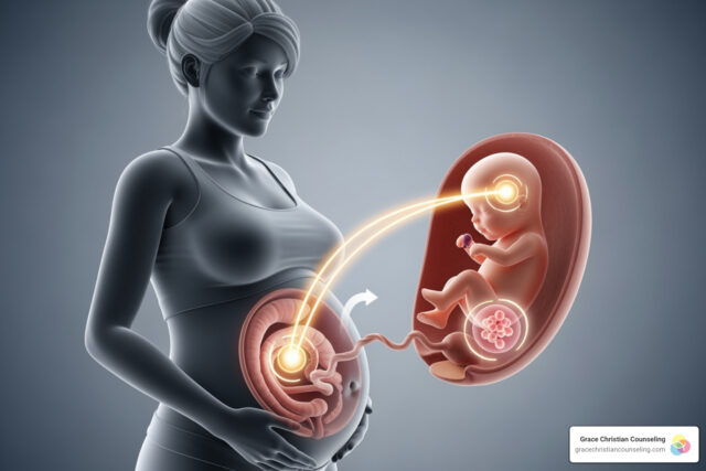 Detailed illustration of direct versus indirect cellular exposure during pregnancy