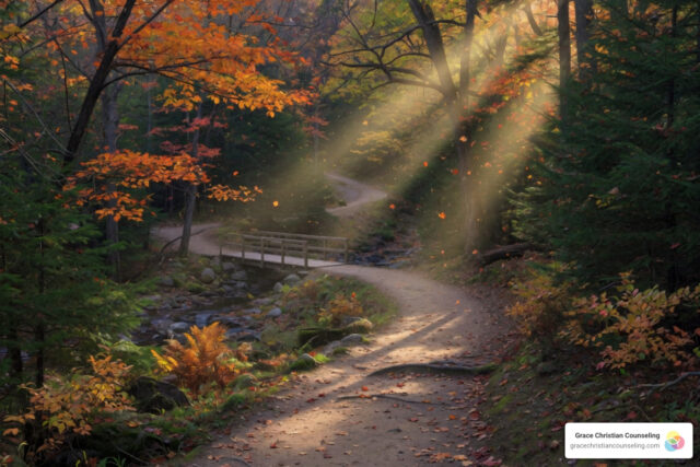 Peaceful path in a Western PA forest representing the journey of healing