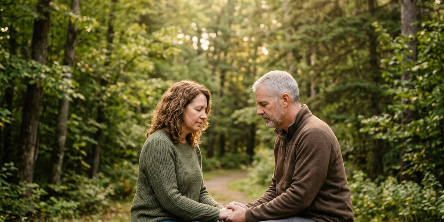 Christian couple praying outdoors