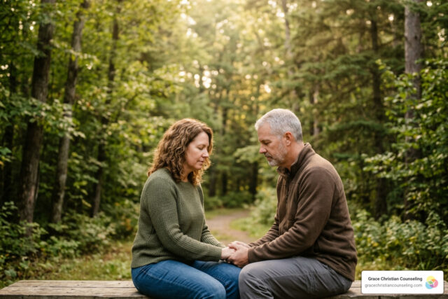 Christian couple praying outdoors