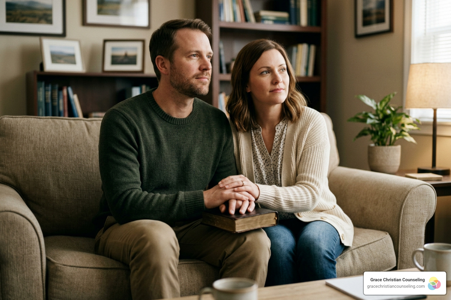 biblical conflict resolution counseling couple on couch distant but hopeful