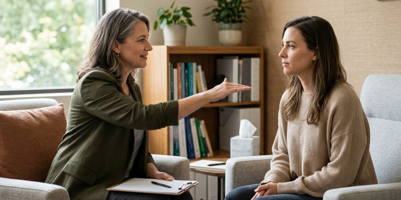 Licensed counselor guiding a client through EMDR bilateral stimulation in a calm office
