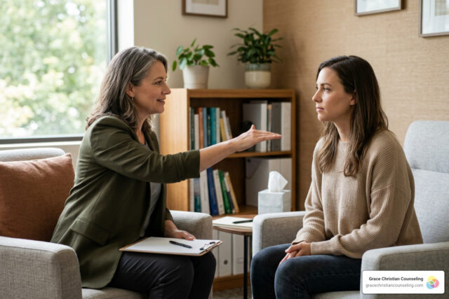 Licensed counselor guiding a client through EMDR bilateral stimulation in a calm office