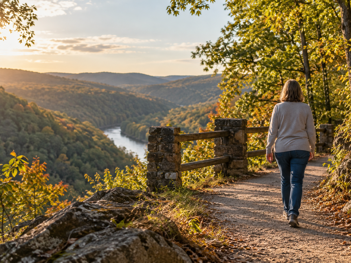Caregiver walking on a quiet West Virginia overlook path