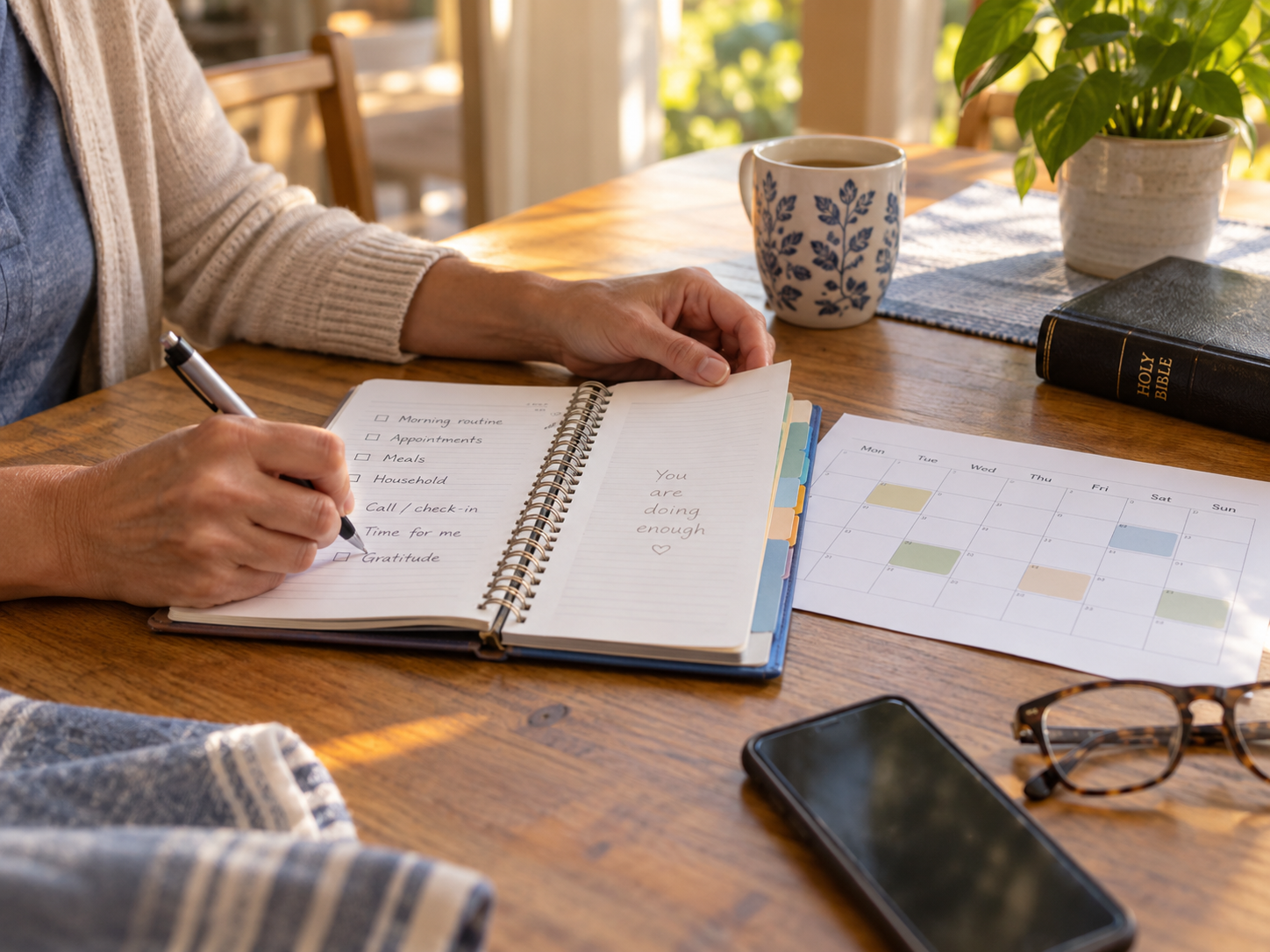 Caregiver organizing a weekly care notebook at home