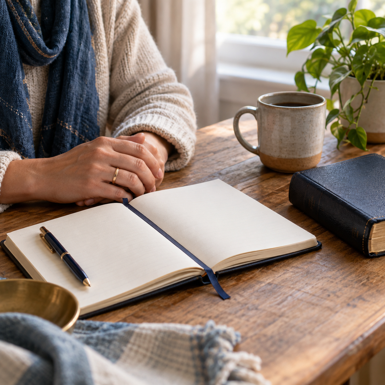 Hands beside a blank journal, mug, and closed Bible