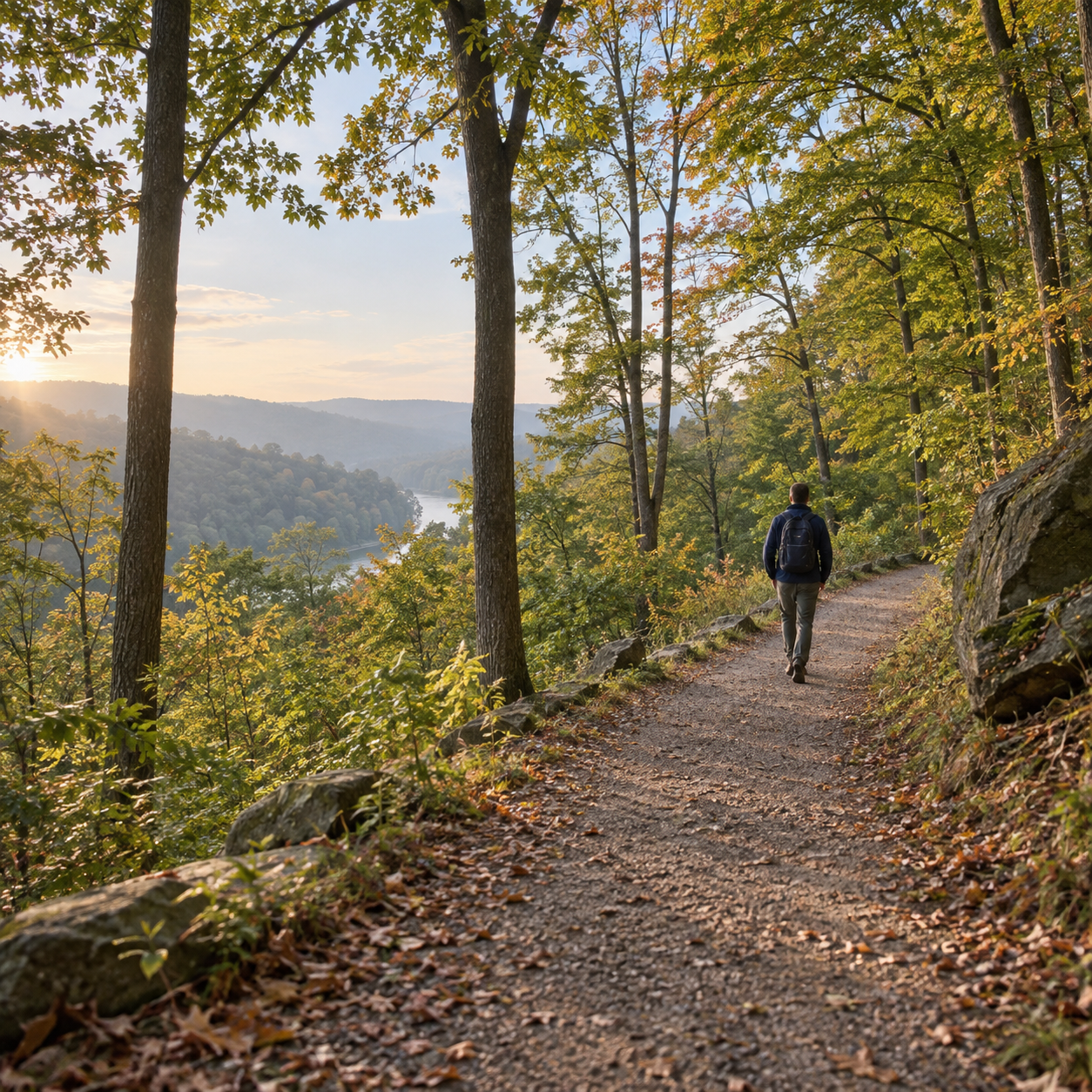 Person walking along a wooded path in morning light