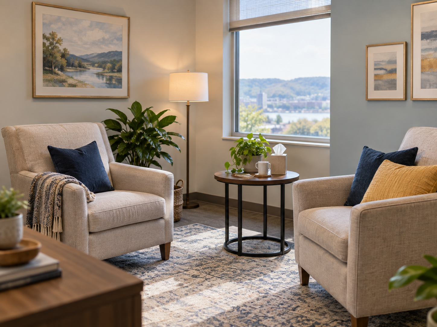 Two chairs in a bright, welcoming counseling office