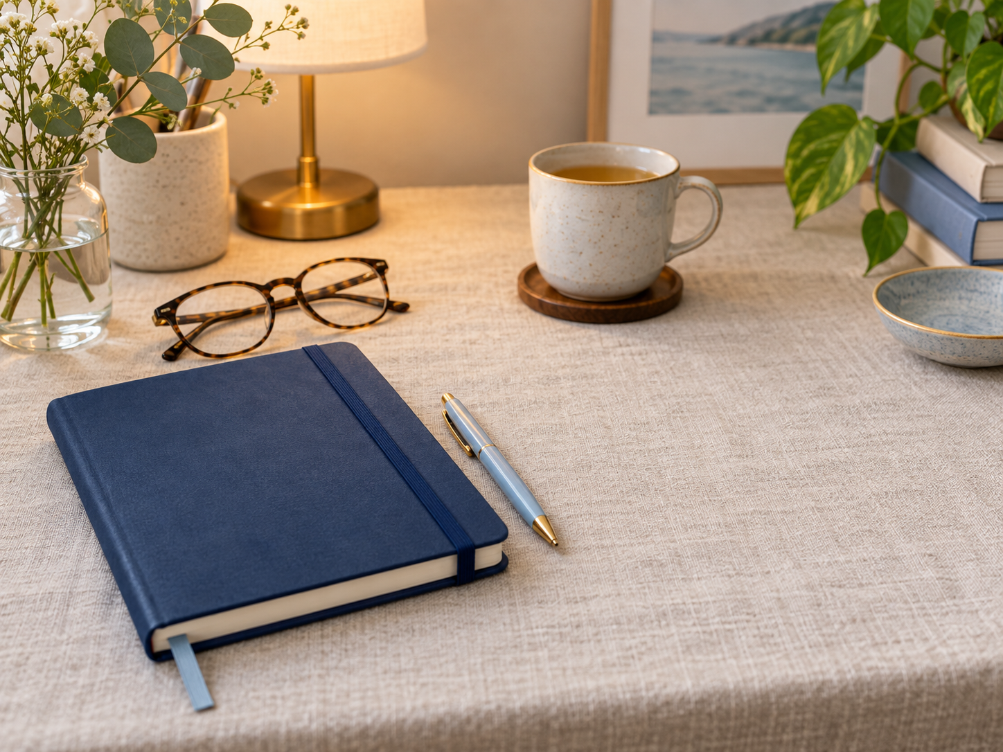 Closed planner and tea on a calm, organized desk