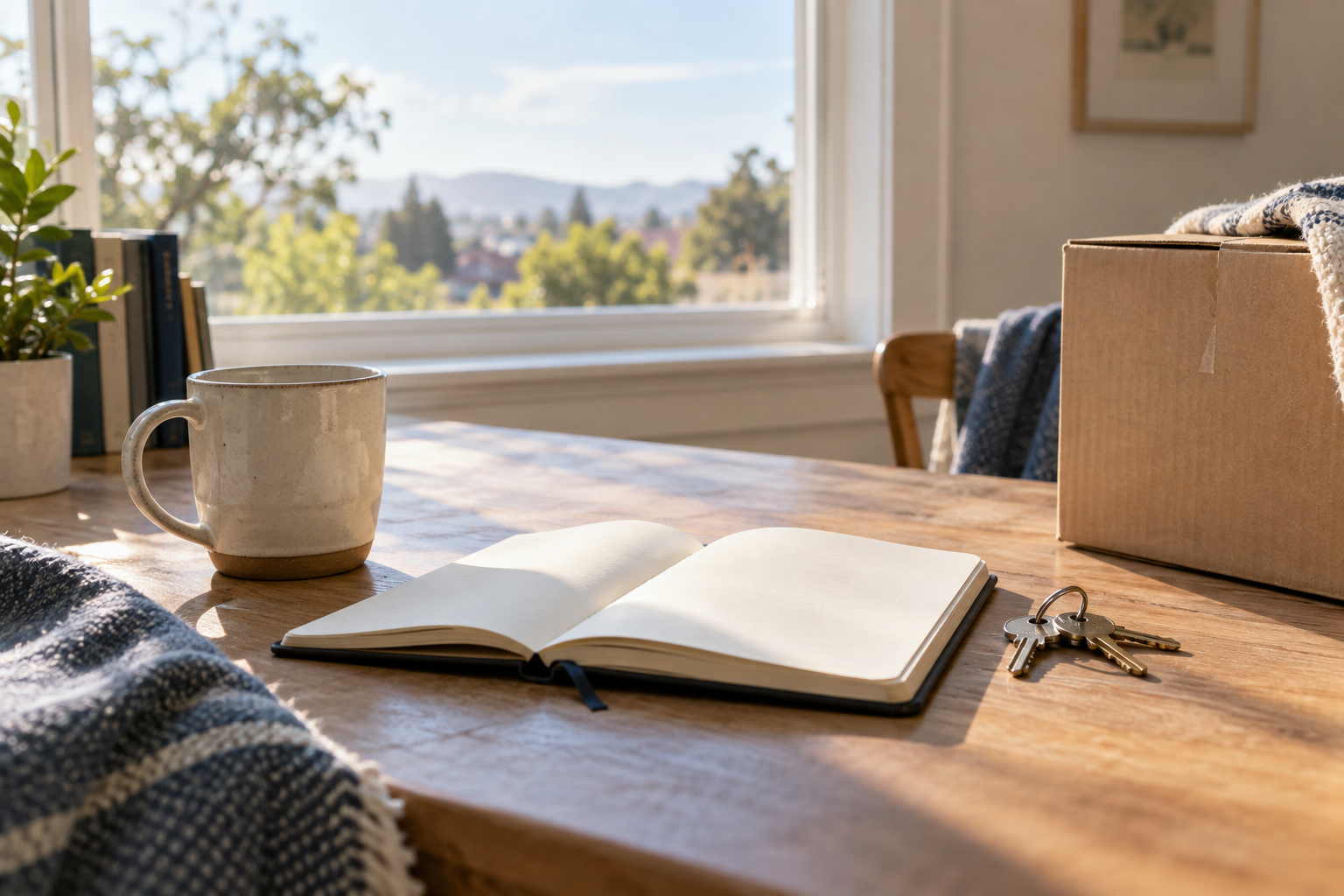 Open journal, keys, and a moving box in morning light