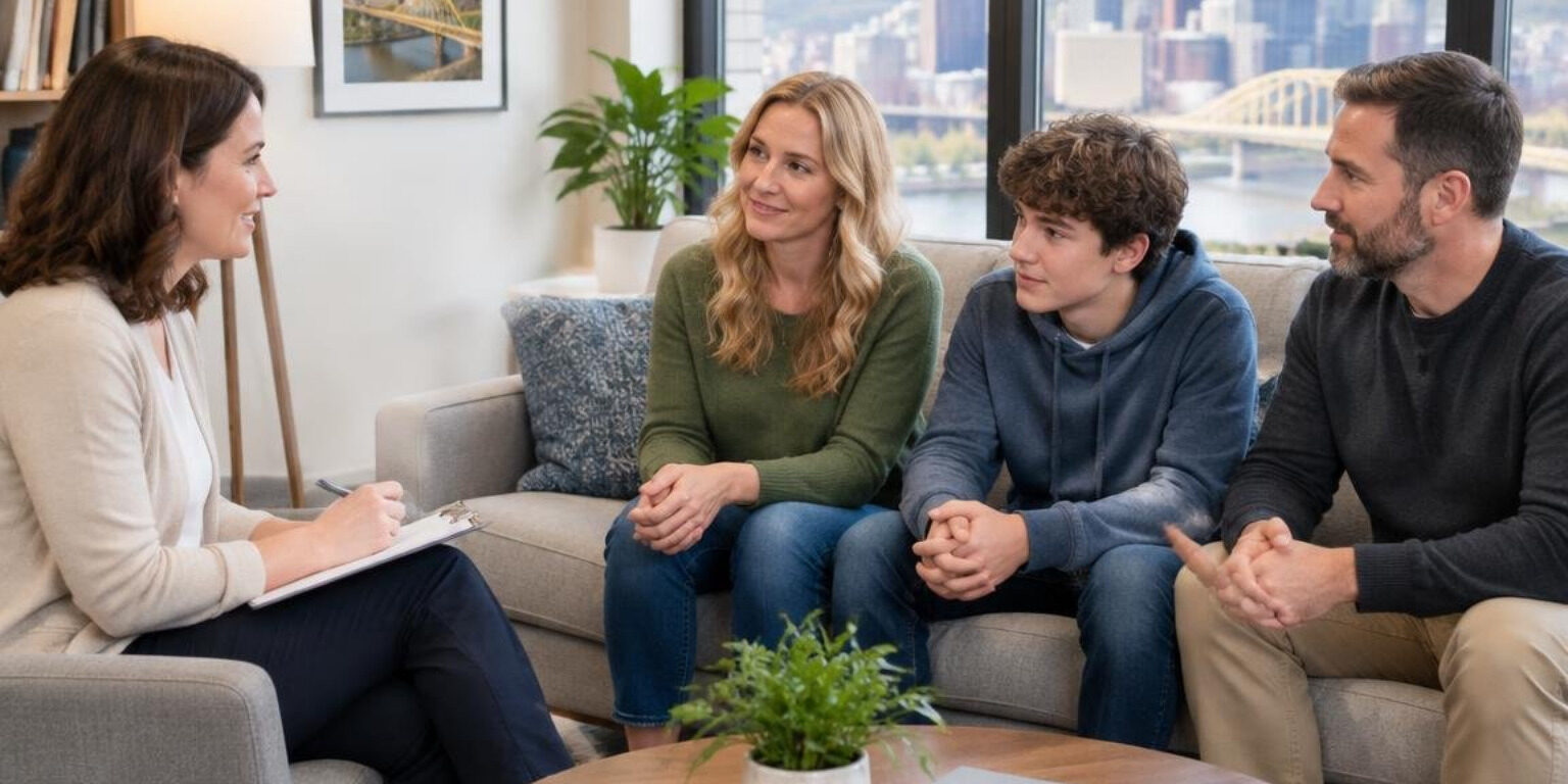 Licensed counselor meeting with a family in a welcoming Pittsburgh therapy office