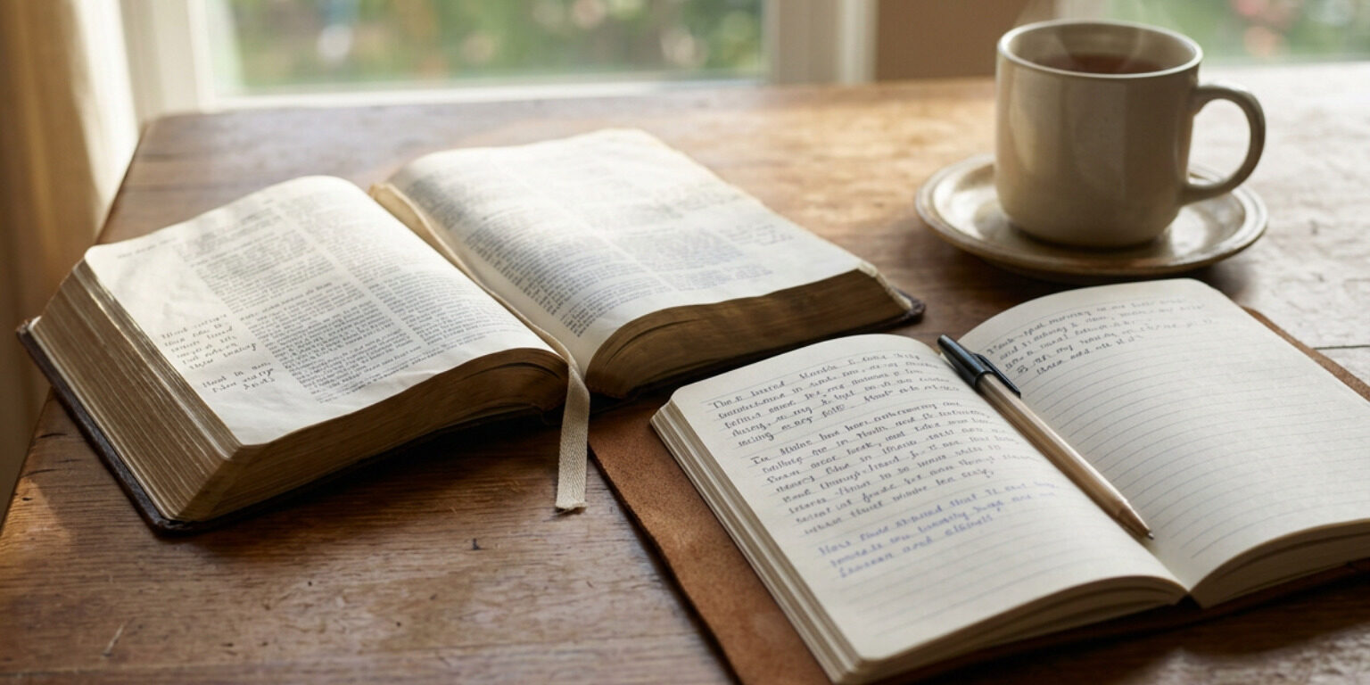 Open Bible and journal representing Scripture-based spiritual healing and inner restoration