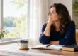 Woman pausing at a table to consider whether a strong feeling is anxiety or intuition
