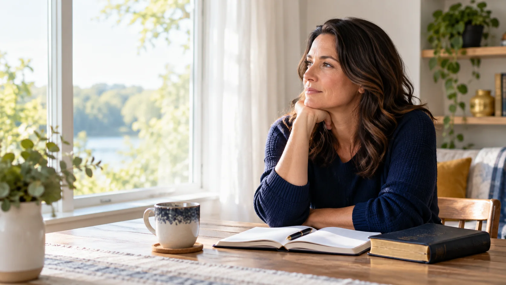 Woman pausing at a table to consider whether a strong feeling is anxiety or intuition