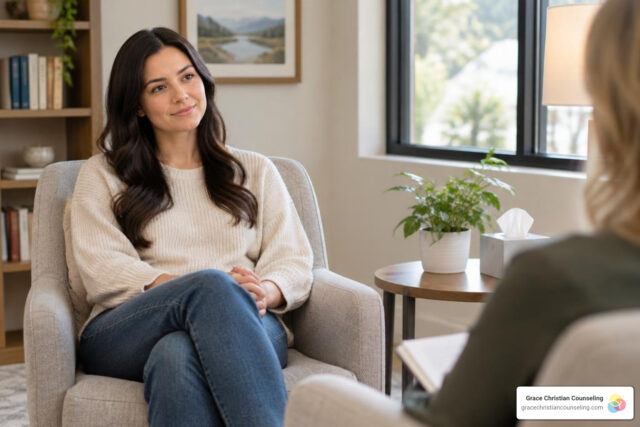 Person sitting peacefully in a counseling room