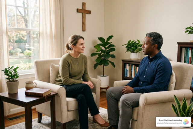 Licensed Christian trauma counselors in a peaceful faith-based counseling setting - Licensed Christian trauma counselors