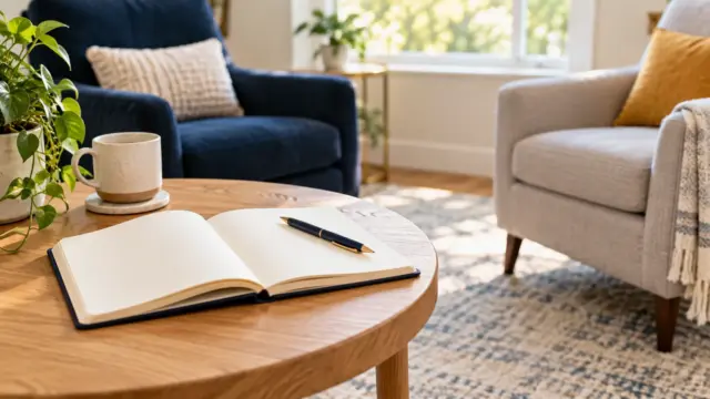 Cozy counseling office with an open journal and pen on a wooden table, ready for questions before counseling